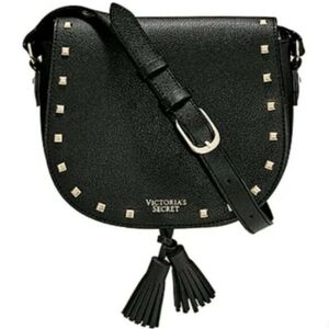 Victoria's Secret small black leather handbag crossbody bag studs tassels